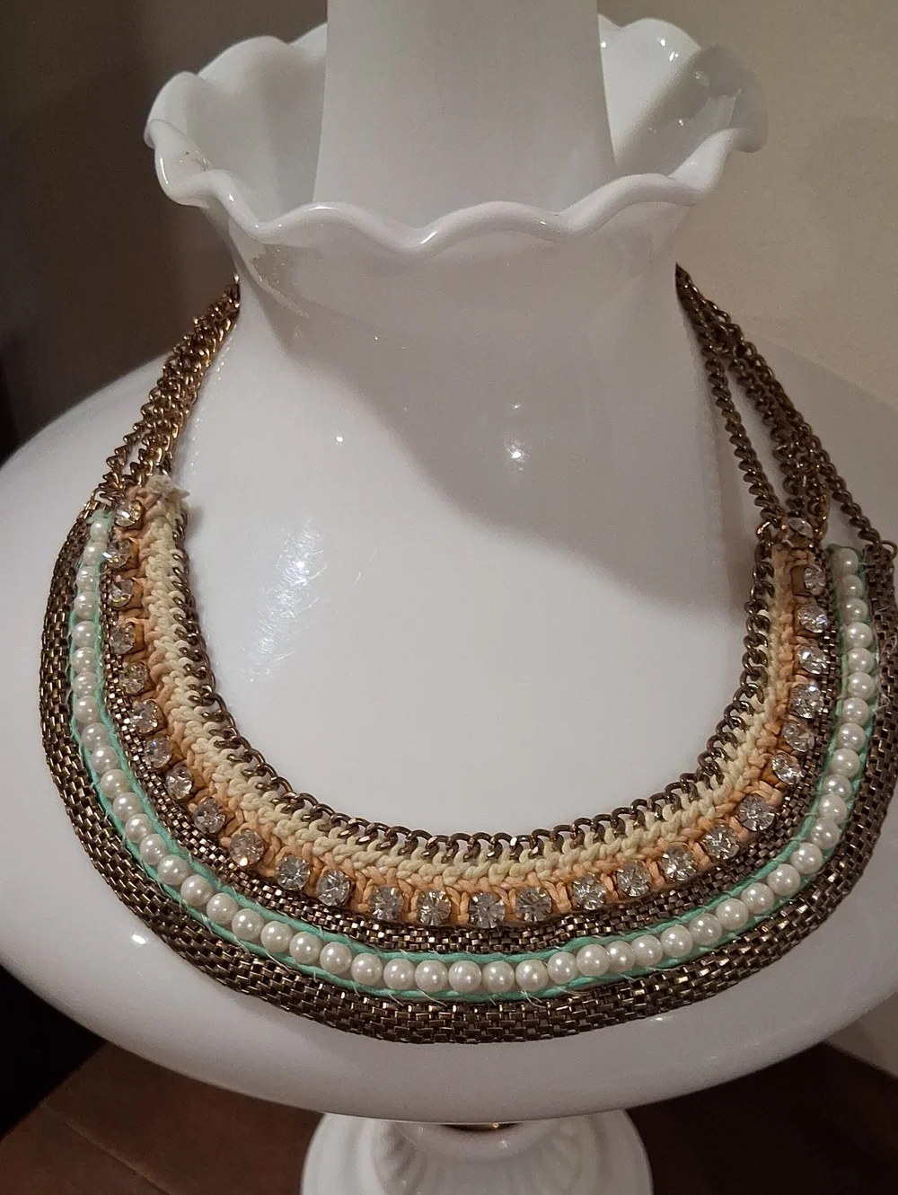 Gold-Tone Multi Strand Faux Pearl & Crystal Bib Necklace